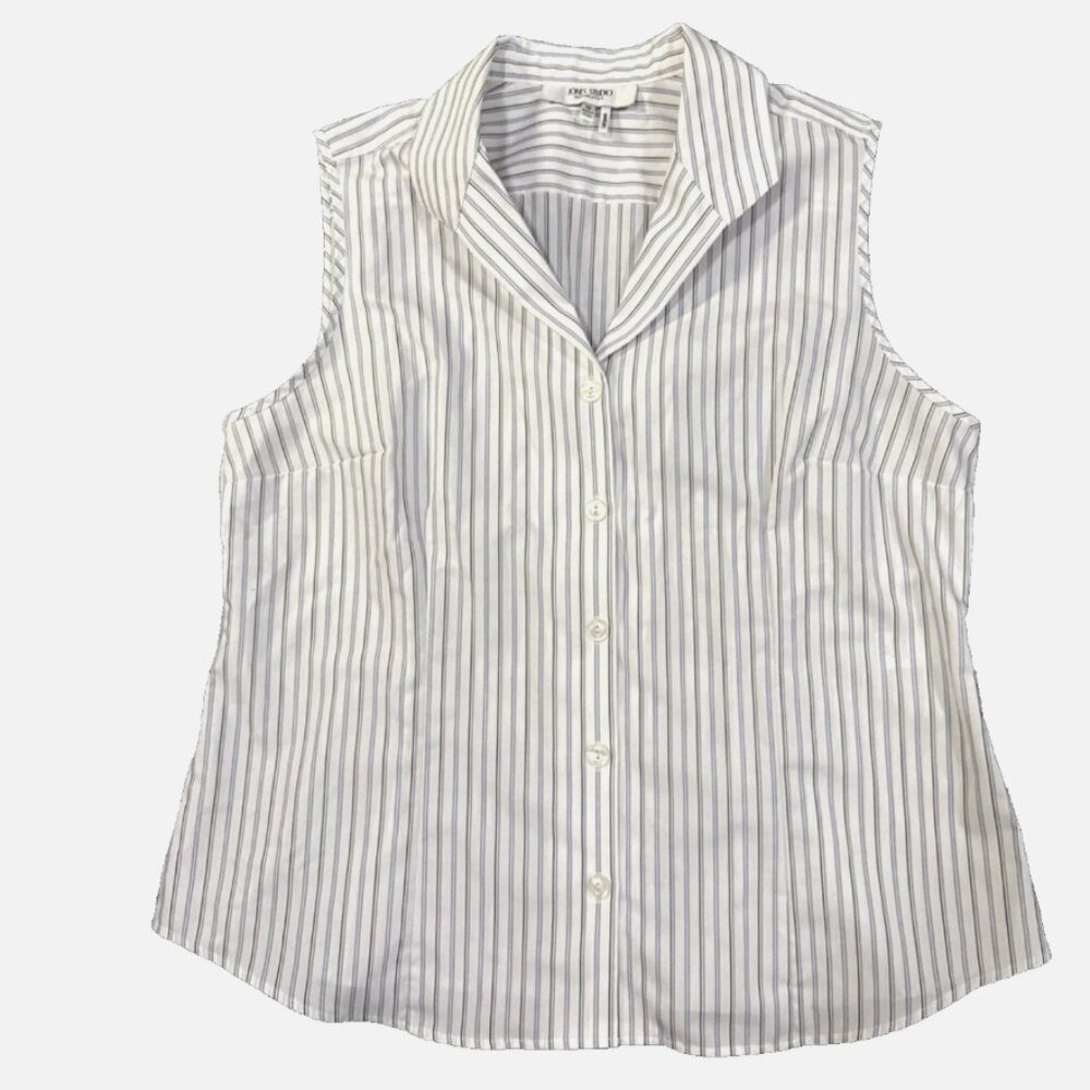 Jones Studio Classic Blue Black Stripe Sleeveless Button Up Cotton Blouse Sz 16